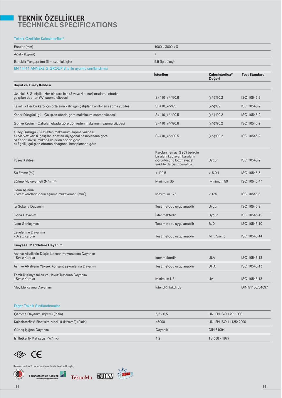 5 (iç bükey) stenilen Kalesinterflex De eri Test Standard Uzunluk & Genifllik - Her bir karo için (2 veya 4 kenar) ortalama ebad n çal fl lan ebattan (W) sapma yüzdesi S>410_+/-%0.6 (+/-)%0.