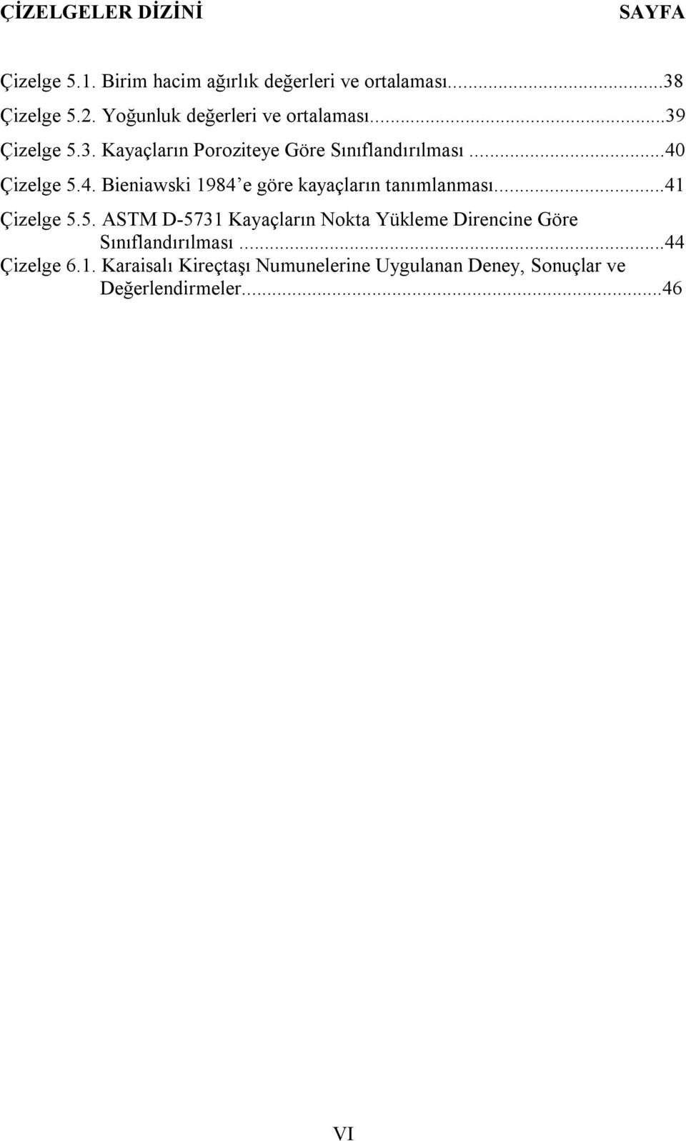 Çizelge 5.4. Bieniawski 1984 e göre kayaçların tanımlanması...41 Çizelge 5.5. ASTM D-5731 Kayaçların Nokta Yükleme Direncine Göre Sınıflandırılması.