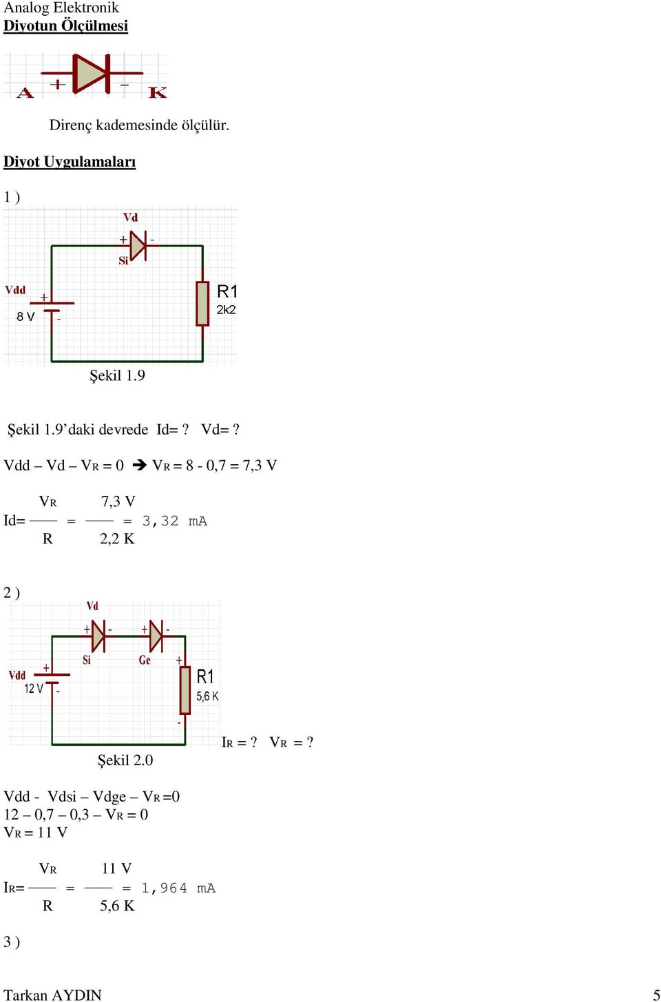 Vdd Vd VR = 0 VR = 8-0,7 = 7,3 V VR 7,3 V Id= = = 3,32 ma R 2,2 K 2 ) Şekil