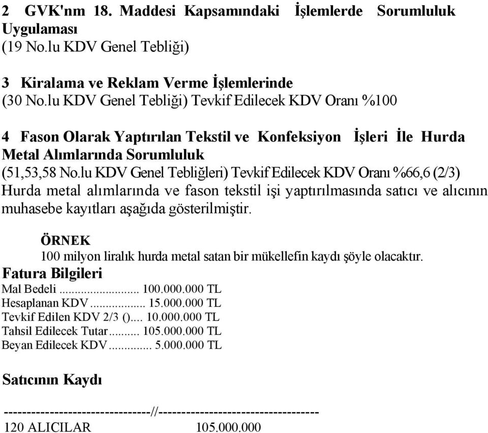 lu KDV Genel Tebliğleri) Tevkif Edilecek KDV Oranı %66,6 (2/3) Hurda metal alımlarında ve fason tekstil işi yaptırılmasında satıcı ve alıcının muhasebe kayıtları aşağıda gösterilmiştir.