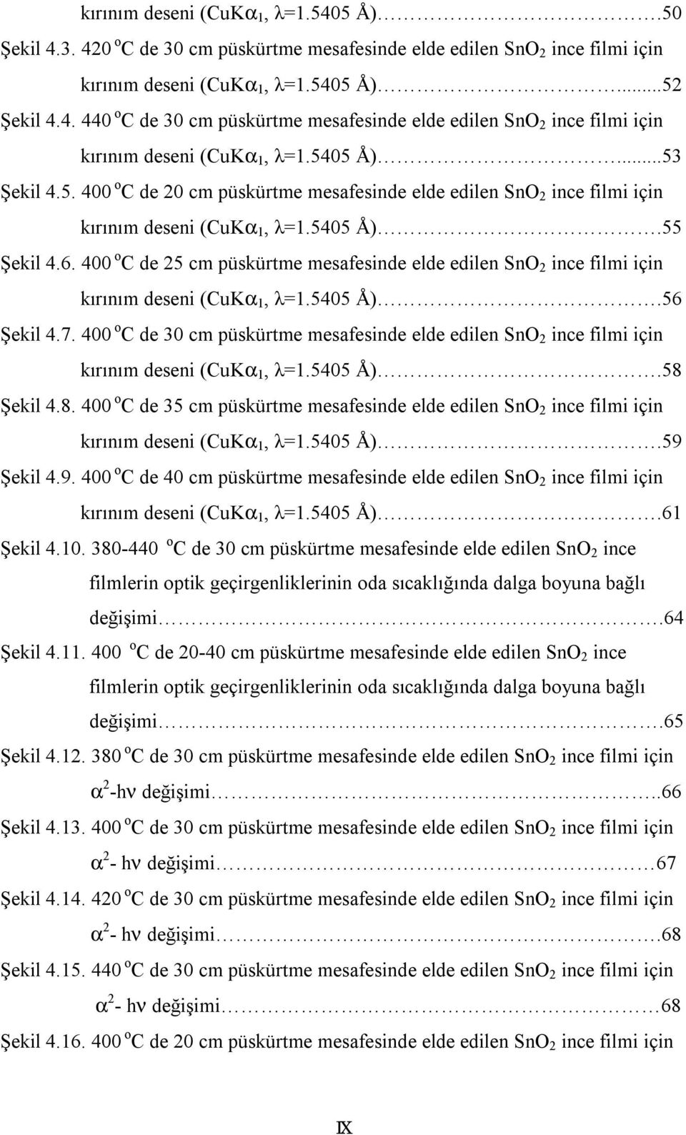 400 o C de 25 cm püskürtme mesafesinde elde edilen SnO 2 ince filmi için kırınım deseni (CuKα 1, λ=1.5405 Å).56 Şekil 4.7.