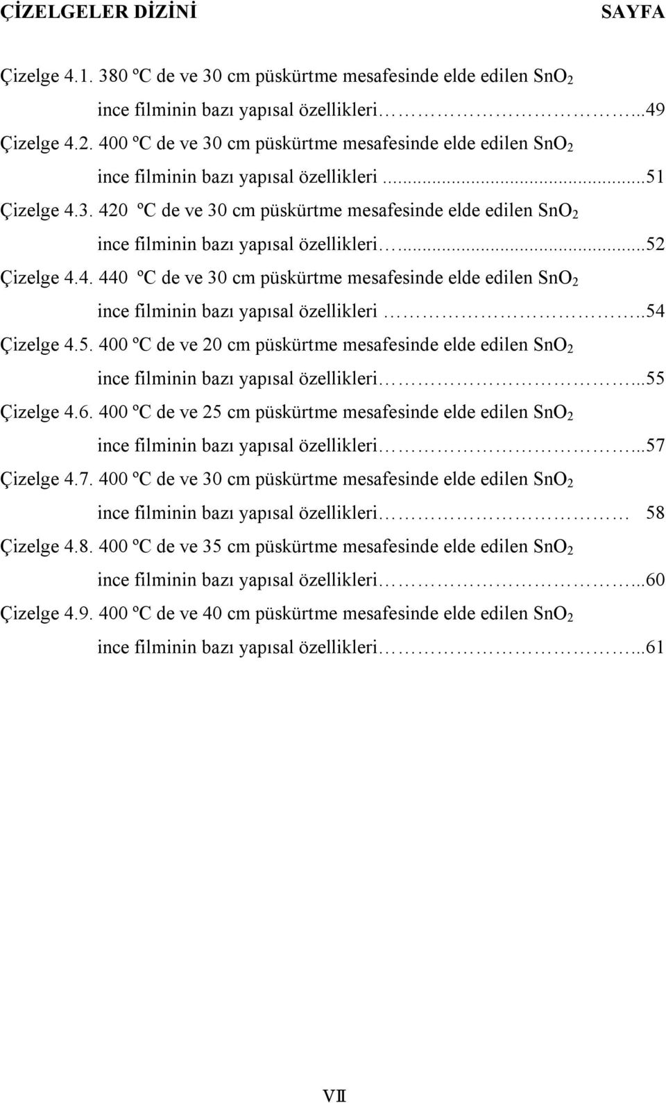 .54 Çizelge 4.5. 400 ºC de ve 20 cm püskürtme mesafesinde elde edilen SnO 2 ince filminin bazı yapısal özellikleri...55 Çizelge 4.6.