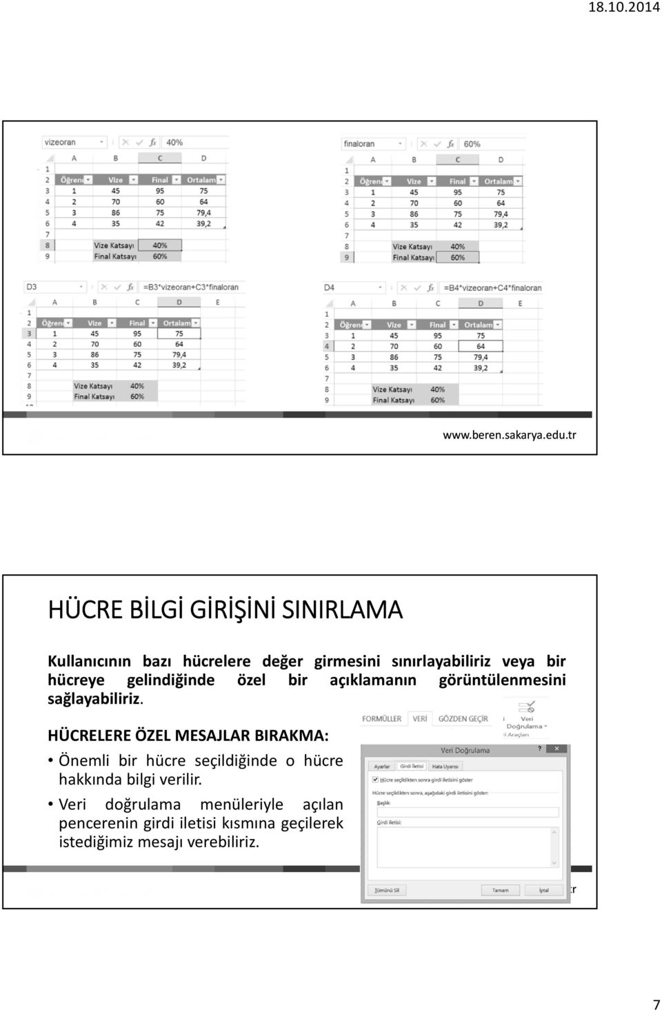 HÜCRELERE ÖZEL MESAJLAR BIRAKMA: Önemli bir hücre seçildiğinde o hücre hakkında bilgi verilir.