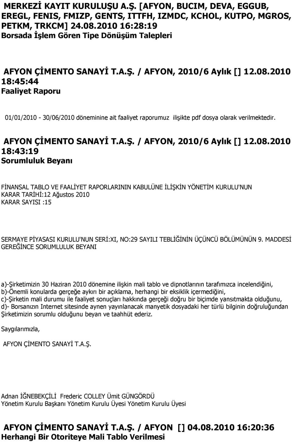 2010 18:45:44 Faaliyet Raporu 01/01/2010-30/06/2010 döneminine ait faaliyet raporumuz ilişikte pdf dosya olarak verilmektedir. AFYON ÇİMENTO SANAYİ T.A.Ş. / AFYON, 2010/6 Aylık [] 12.08.