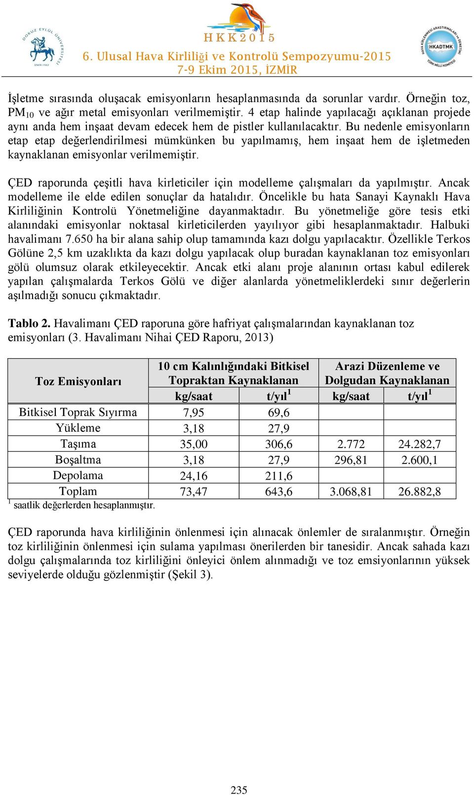 Bu nedenle emisyonların etap etap değerlendirilmesi mümkünken bu yapılmamış, hem inşaat hem de işletmeden kaynaklanan emisyonlar verilmemiştir.