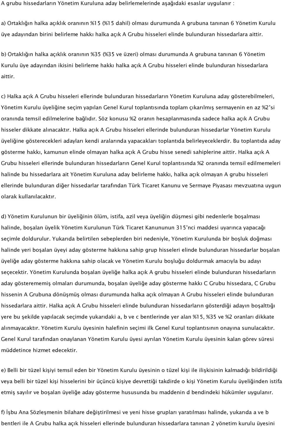 b) Ortaklığın halka açıklık oranının %35 (%35 ve üzeri) olması durumunda A grubuna tanınan 6 Yönetim Kurulu üye adayından ikisini belirleme hakkı halka açık A Grubu hisseleri elinde bulunduran