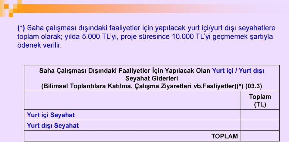 Saha Çalışması Dışındaki Faaliyetler İçin Yapılacak Olan Yurt içi / Yurt dışı Seyahat Giderleri