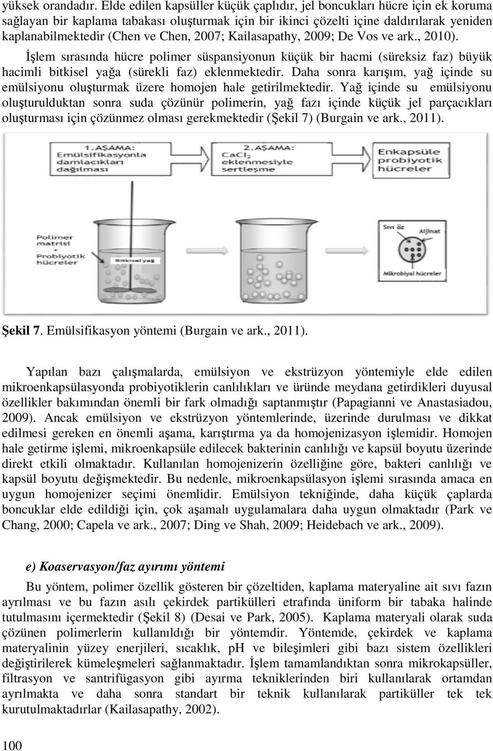 2007; Kailasapathy, 2009; De Vos ve ark., 2010). İşlem sırasında hücre polimer süspansiyonun küçük bir hacmi (süreksiz faz) büyük hacimli bitkisel yağa (sürekli faz) eklenmektedir.