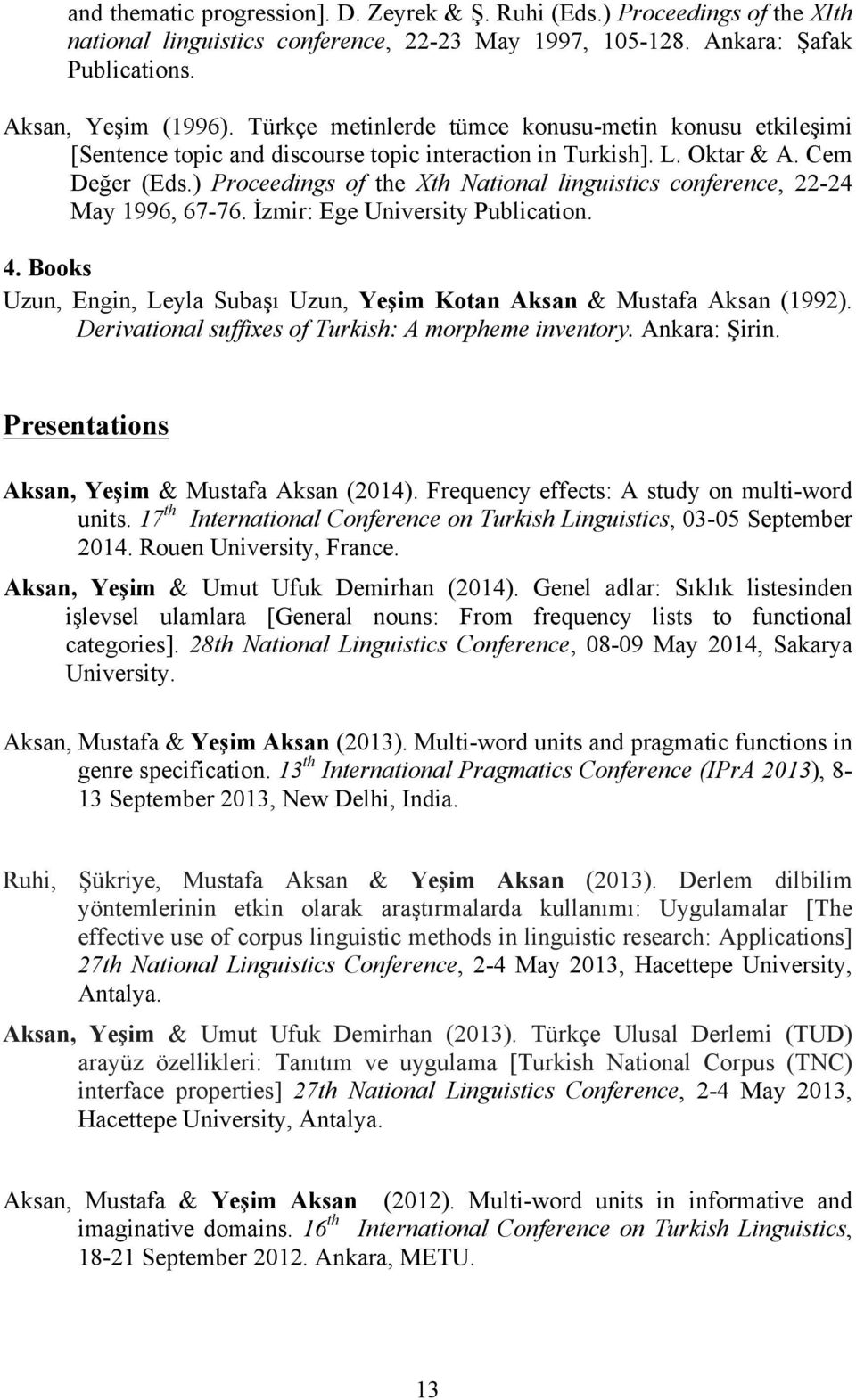 ) Proceedings of the Xth National linguistics conference, 22-24 May 1996, 67-76. İzmir: Ege University Publication. 4. Books Uzun, Engin, Leyla Subaşı Uzun, Yeşim Kotan Aksan & Mustafa Aksan (1992).