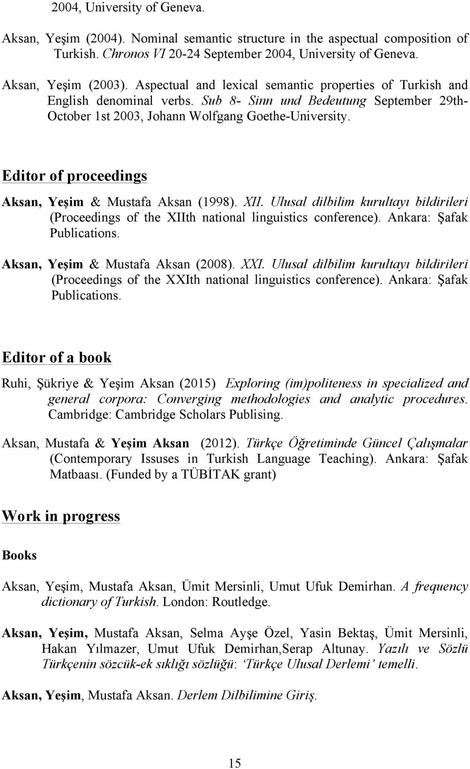 Editor of proceedings Aksan, Yeşim & Mustafa Aksan (1998). XII. Ulusal dilbilim kurultayı bildirileri (Proceedings of the XIIth national linguistics conference). Ankara: Şafak Publications.