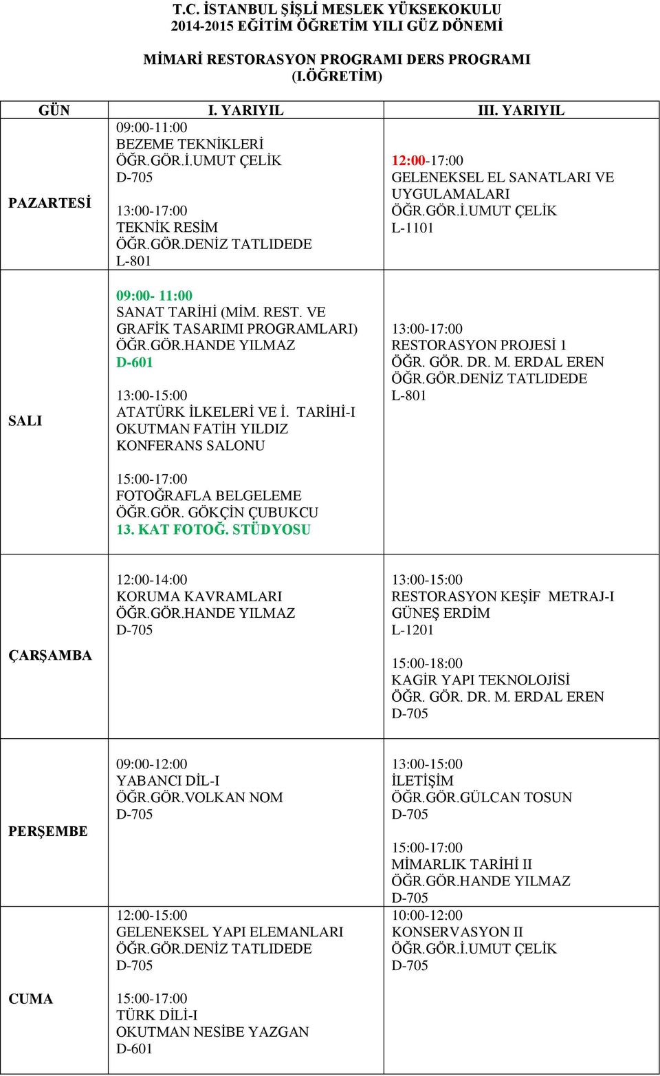 TARİHİ-I KONFERANS SALONU 15:00-17:00 FOTOĞRAFLA BELGELEME ÖĞR.GÖR. GÖKÇİN ÇUBUKCU 13. KAT FOTOĞ. STÜDYOSU 13:00-17:00 RESTORASYON PROJESİ 1 ÖĞR. GÖR. DR. M. ERDAL EREN ÖĞR.GÖR.DENİZ TATLIDEDE L-801 12:00-14:00 KORUMA KAVRAMLARI ÖĞR.