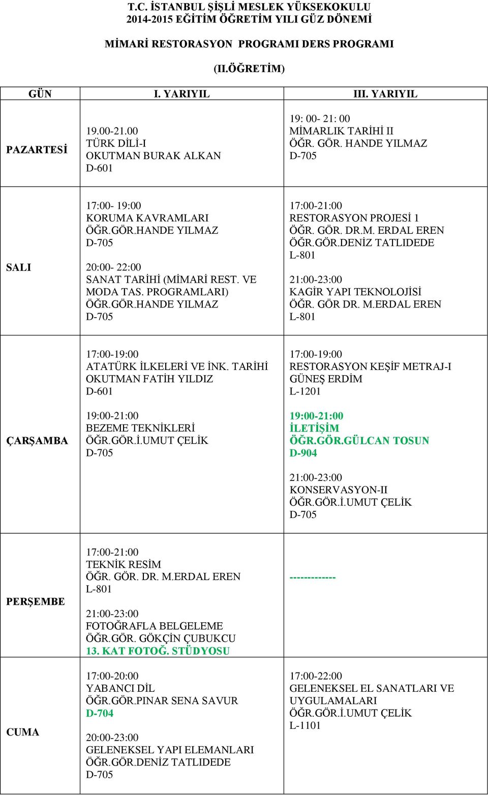 TARİHİ 19:00-21:00 BEZEME TEKNİKLERİ ÖĞR.GÖR.İ.UMUT ÇELİK RESTORASYON KEŞİF METRAJ-I GÜNEŞ ERDİM L-1201 19:00-21:00 İLETİŞİM ÖĞR.GÖR.GÜLCAN TOSUN D-904 21:00-23:00 KONSERVASYON-II ÖĞR.GÖR.İ.UMUT ÇELİK 17:00-21:00 TEKNİK RESİM ÖĞR.