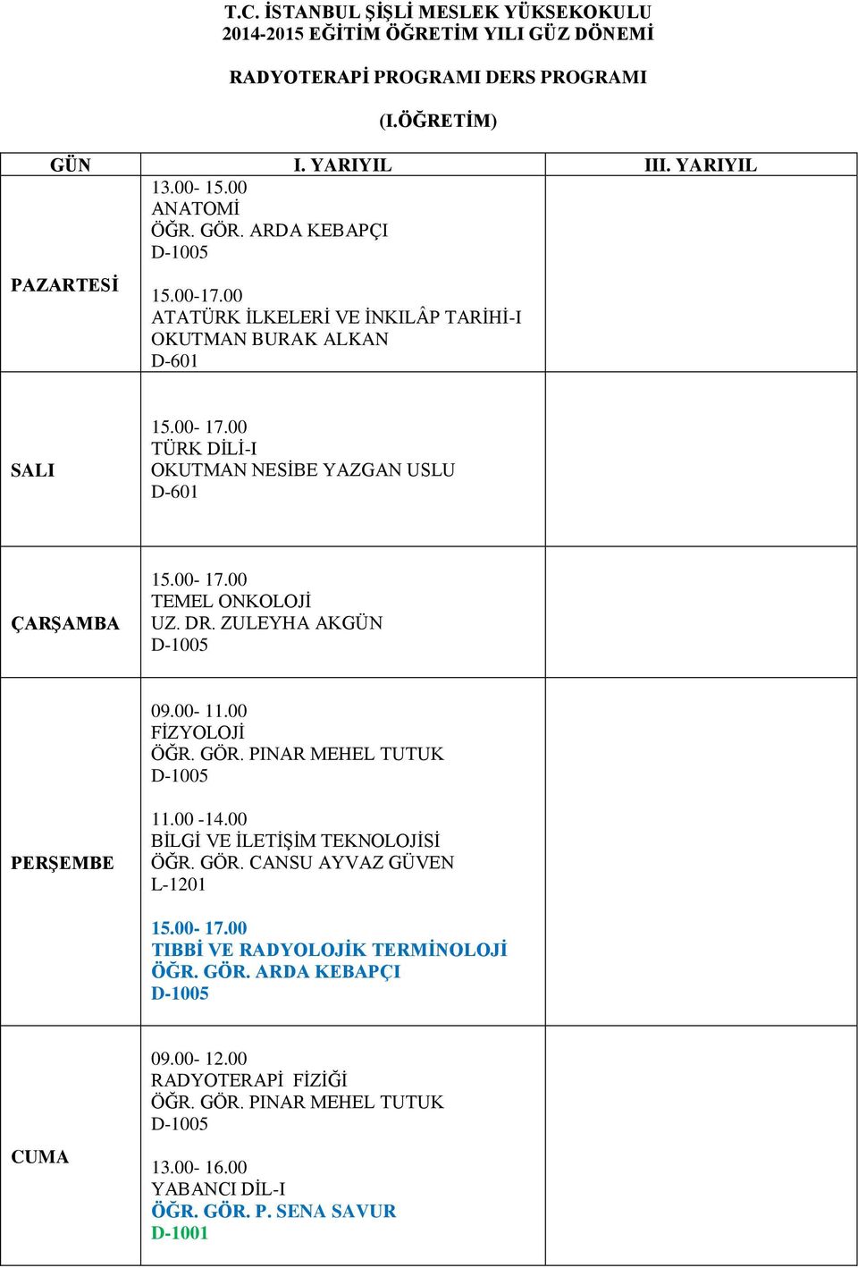 ZULEYHA AKGÜN D-1005 09.00-11.00 FİZYOLOJİ ÖĞR. GÖR. PINAR MEHEL TUTUK D-1005 11.00-14.00 BİLGİ VE İLETİŞİM TEKNOLOJİSİ ÖĞR. GÖR. CANSU AYVAZ GÜVEN L-1201 15.