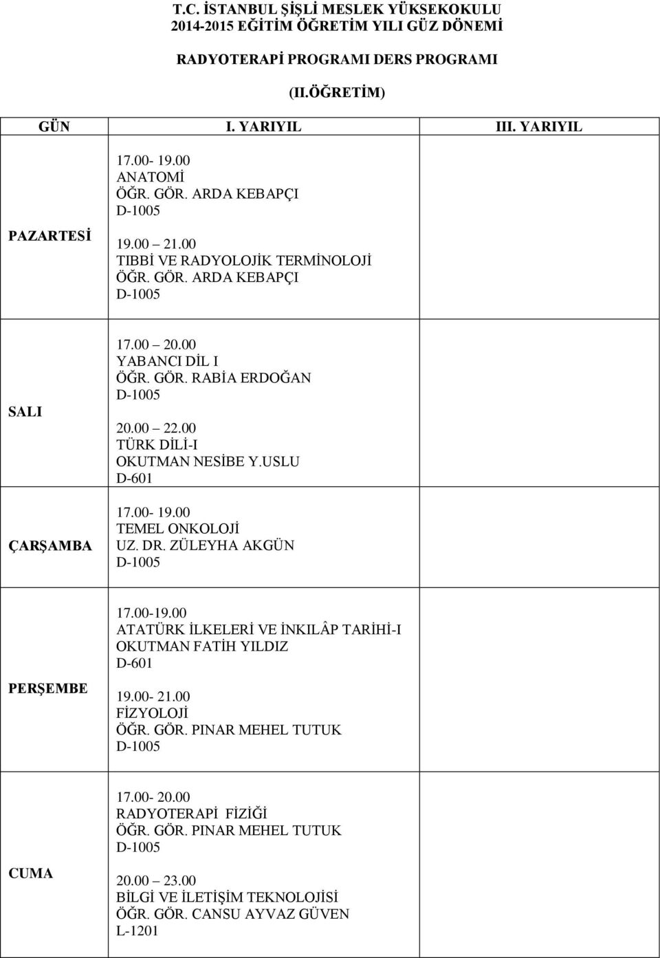 00 OKUTMAN NESİBE Y.USLU 17.00-19.00 TEMEL ONKOLOJİ UZ. DR. ZÜLEYHA AKGÜN D-1005 17.00-19.00 ATATÜRK İLKELERİ VE İNKILÂP TARİHİ-I 19.00-21.