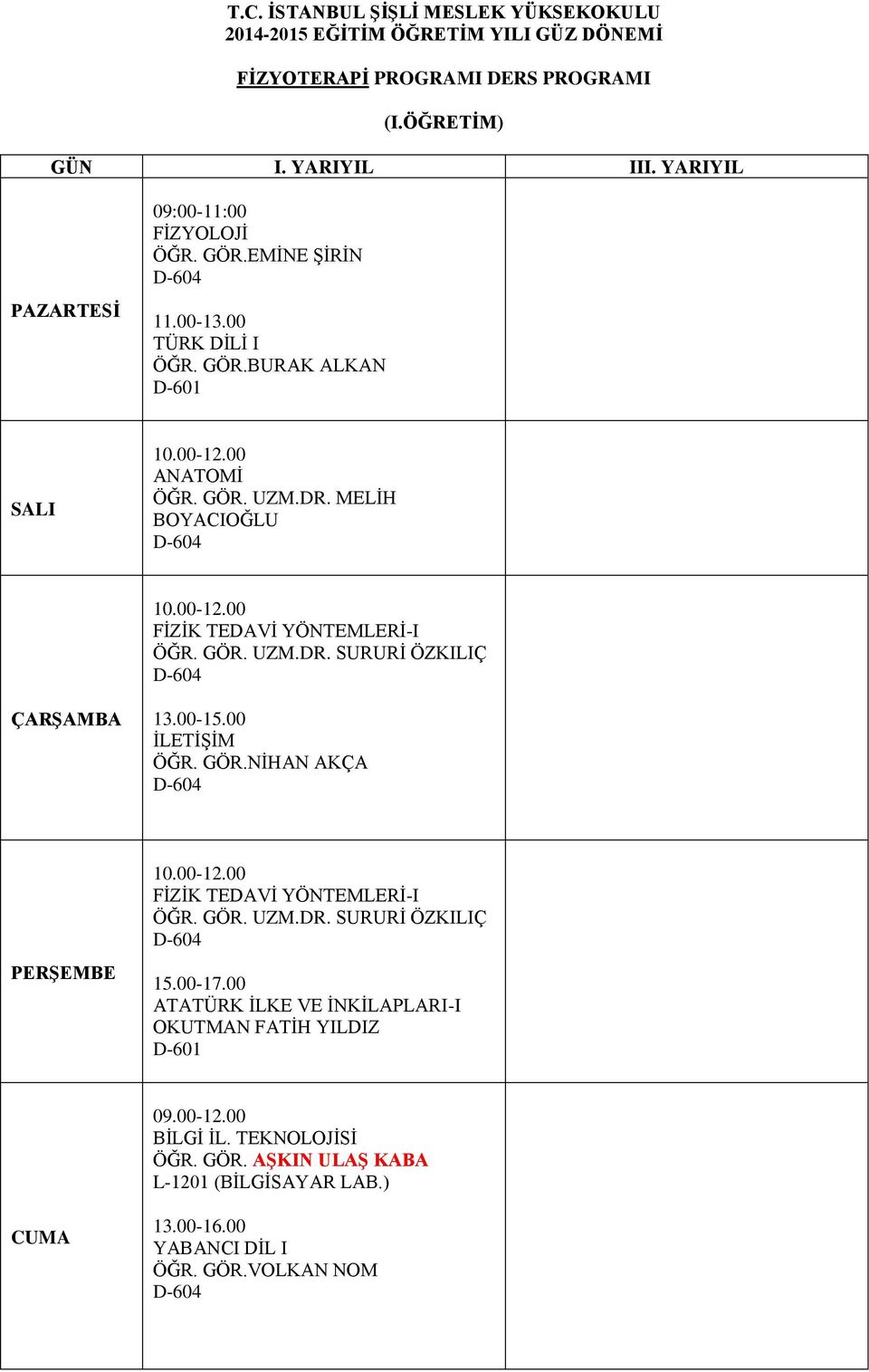 00 İLETİŞİM ÖĞR. GÖR.NİHAN AKÇA 10.00-12.00 FİZİK TEDAVİ YÖNTEMLERİ-I ÖĞR. GÖR. UZM.DR. SURURİ ÖZKILIÇ 15.00-17.