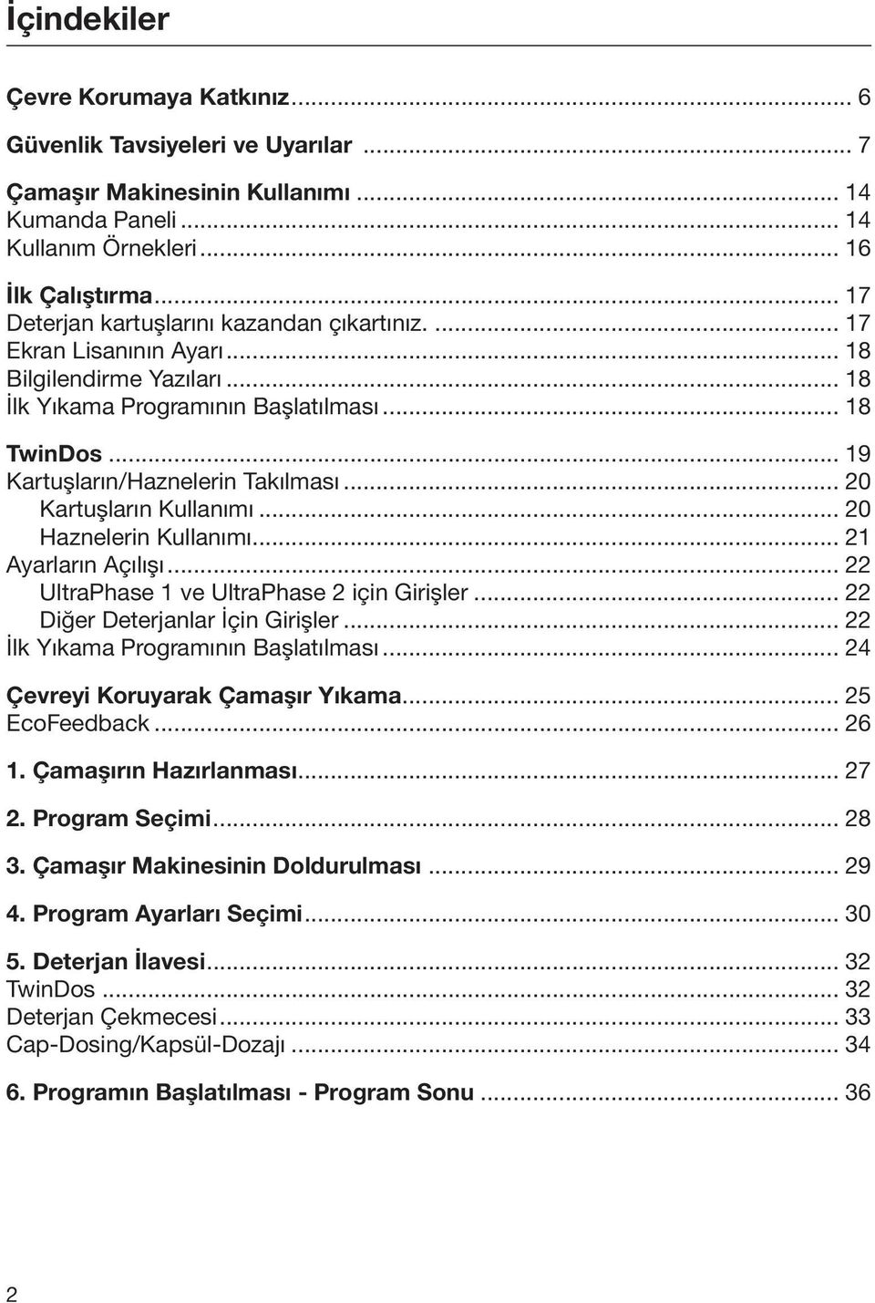 .. 20 Kartuşların Kullanımı... 20 Haznelerin Kullanımı... 21 Ayarların Açılışı... 22 UltraPhase 1 ve UltraPhase 2 için Girişler... 22 Diğer Deterjanlar İçin Girişler.