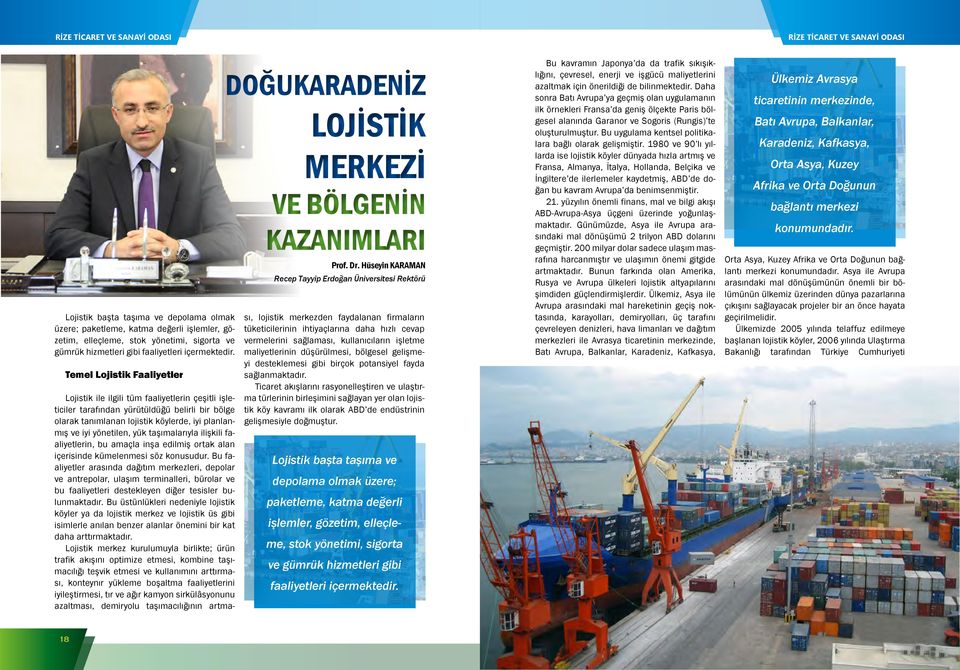 Hüseyin KARAMAN Recep Tayyip Erdoğan Üniversitesi Rektörü Lojistik ile ilgili tüm faaliyetlerin çeşitli işleticiler tarafından yürütüldüğü belirli bir bölge olarak tanımlanan lojistik köylerde, iyi