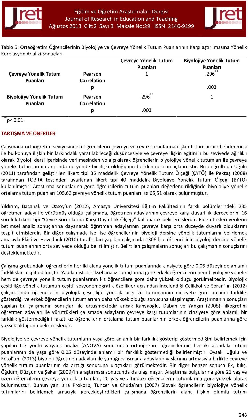 003 TARTIŞMA VE ÖNERİLER Çalışmada ortaöğretim seviyesindeki öğrencilerin çevreye ve çevre sorunlarına ilişkin tutumlarının belirlenmesi ile bu konuya ilişkin bir farkındalık yaratılabileceği