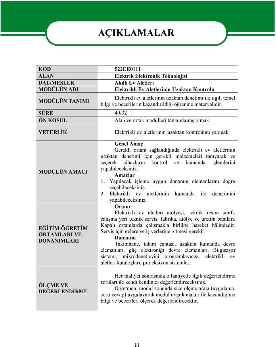 YETERLİK MODÜLÜN AMACI EĞİTİM-ÖĞRETİM ORTAMLARI VE DONANIMLARI ÖLÇME VE DEĞERLENDİRME Elektrikli ev aletlerinin uzaktan kontrolünü yapmak.