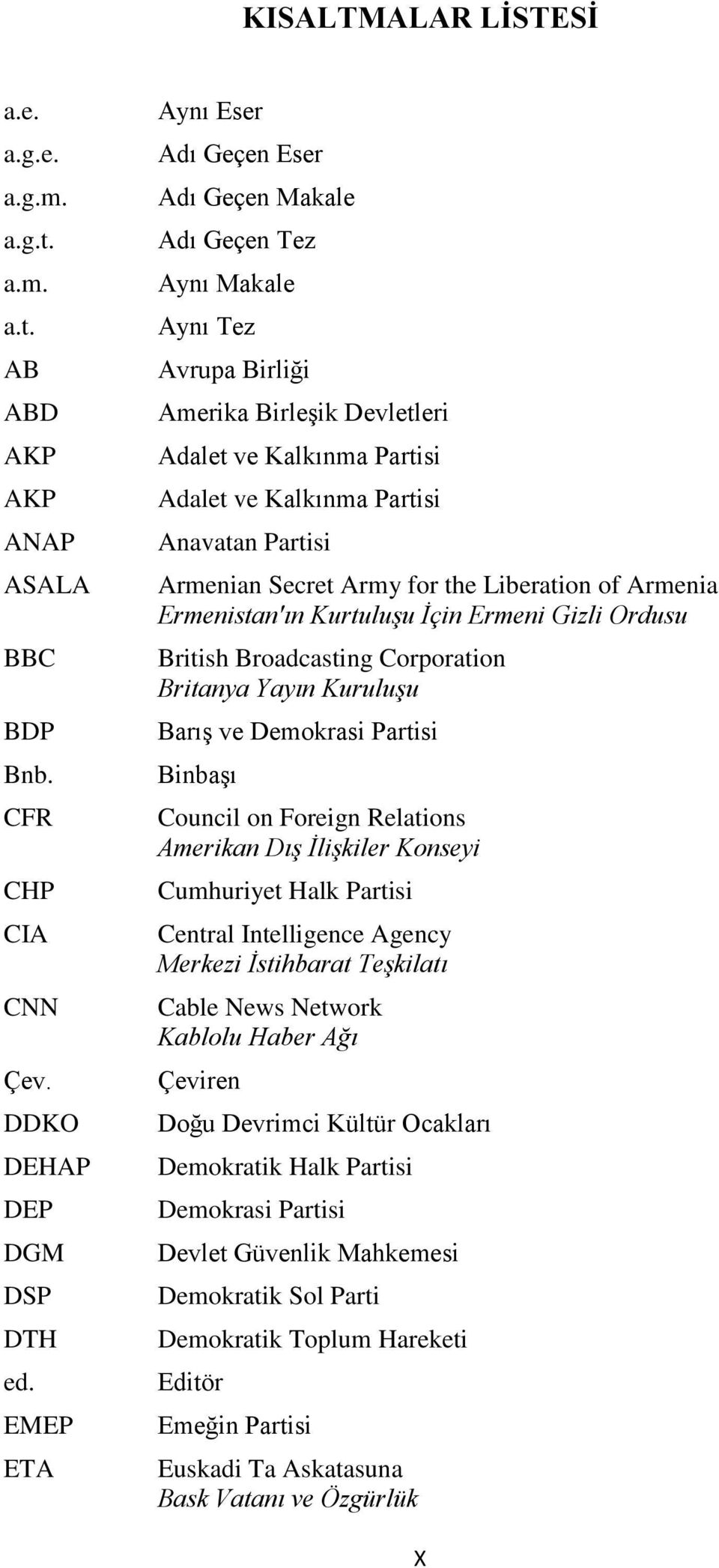 Armenian Secret Army for the Liberation of Armenia Ermenistan'ın Kurtuluşu İçin Ermeni Gizli Ordusu British Broadcasting Corporation Britanya Yayın Kuruluşu Barış ve Demokrasi Partisi Binbaşı Council