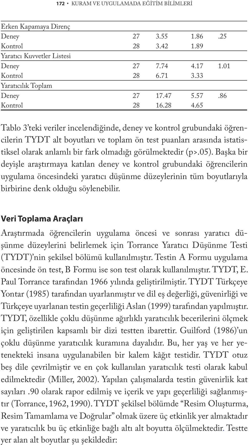 65 Tablo 3 teki veriler incelendiğinde, deney ve kontrol grubundaki öğrencilerin TYDT alt boyutları ve toplam ön test puanları arasında istatistiksel olarak anlamlı bir fark olmadığı görülmektedir