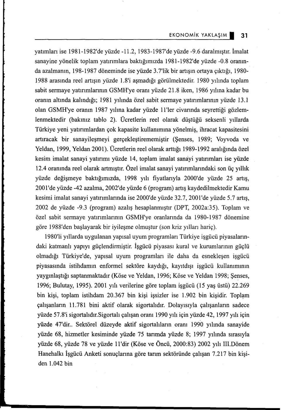 1980 yılında toplam sabit sermaye yatırımlarının GSMH'ye oranı yüzde 2 ı. 8 iken, 1986 yılına kadar bu oranın altında kalındı ğı; ı 98 ı yılında özel sabit sermaye yatırımlarının yüzde ı 3.