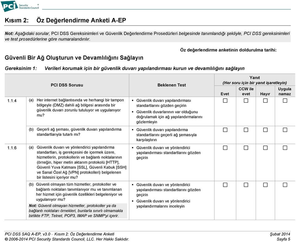 Güvenli Bir Ağ Oluşturun ve Devamlılığını Sağlayın Öz değerlendirme anketinin doldurulma tarihi: Gereksinim 1: Verileri korumak için bir güvenlik duvarı yapılandırması kurun ve devamlılığını sağlayın