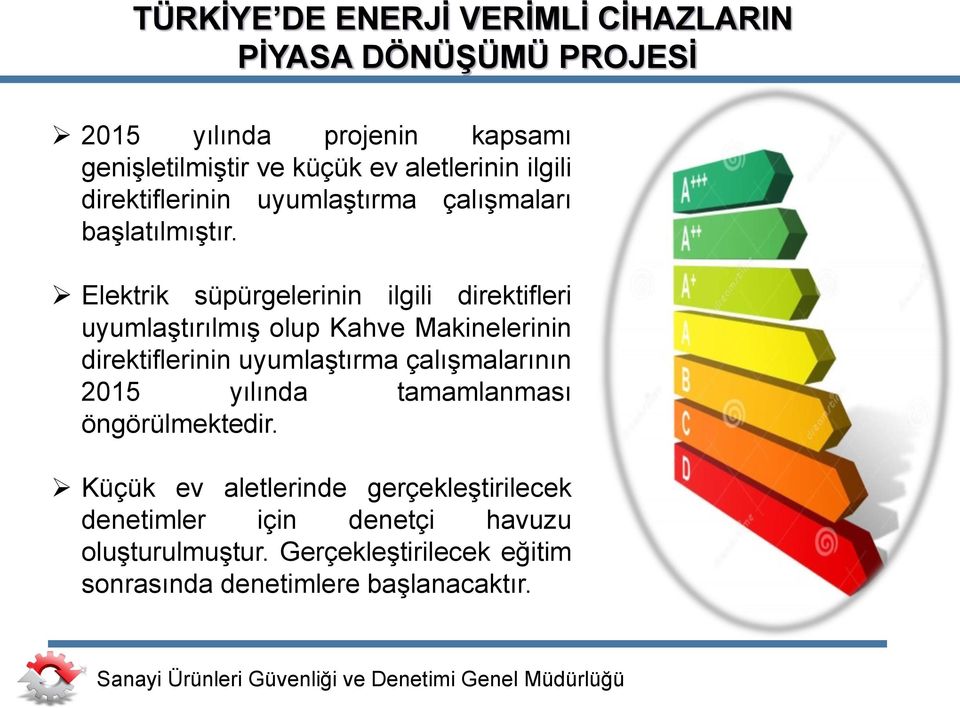 Elektrik süpürgelerinin ilgili direktifleri uyumlaştırılmış olup Kahve Makinelerinin direktiflerinin uyumlaştırma çalışmalarının