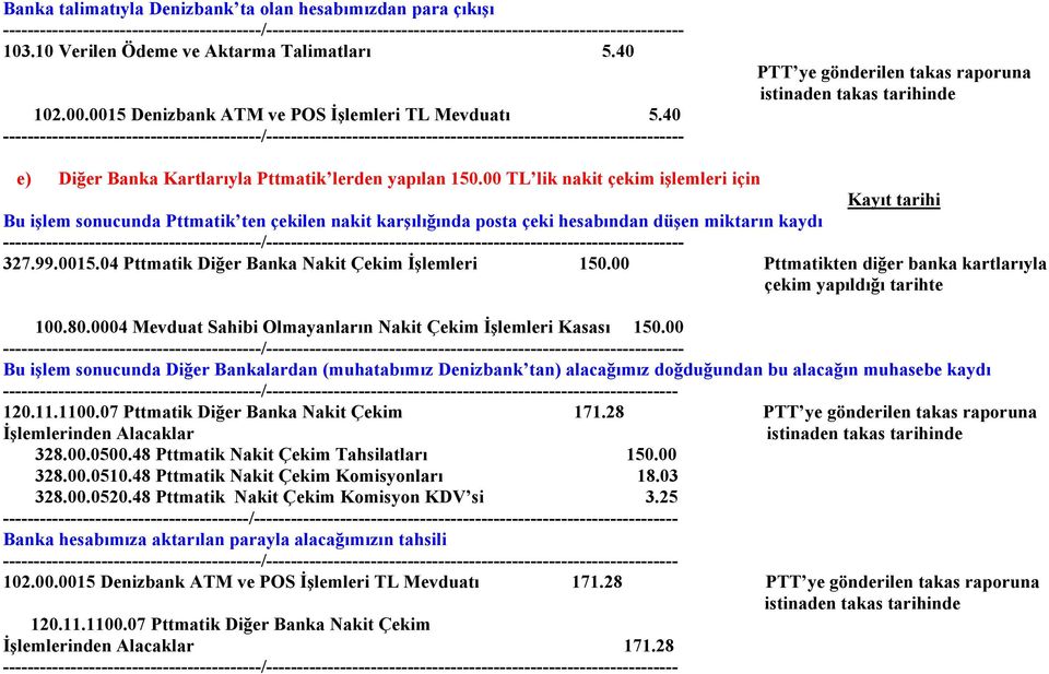 00 TL lik nakit çekim işlemleri için Bu işlem sonucunda Pttmatik ten çekilen nakit karşılığında posta çeki hesabından düşen miktarın kaydı - 327.99.0015.