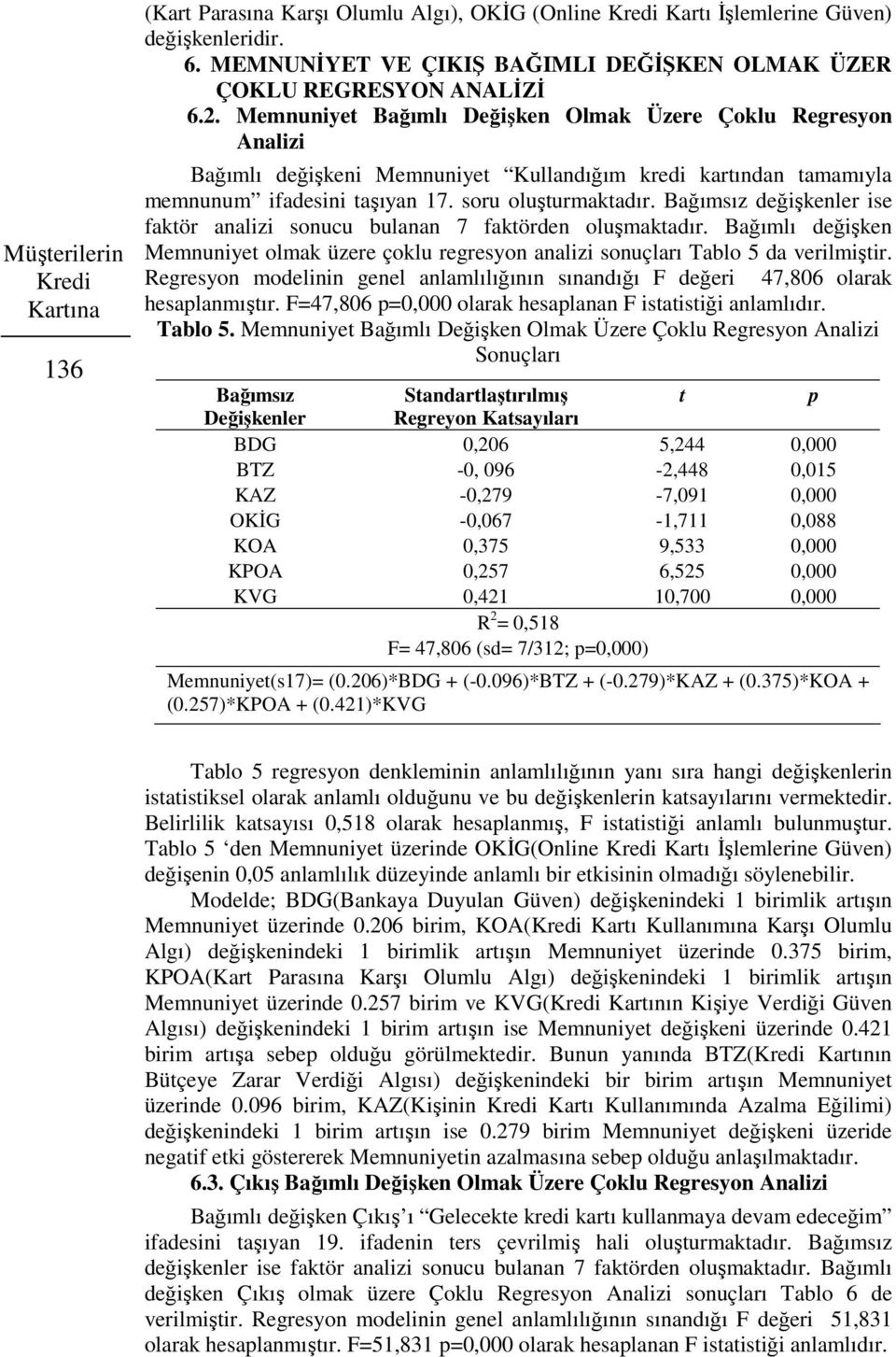 Memnuniyet Bağımlı Değişken Olmak Üzere Çoklu Regresyon Analizi Bağımlı değişkeni Memnuniyet Kullandığım kredi kartından tamamıyla memnunum ifadesini taşıyan 17. soru oluşturmaktadır.