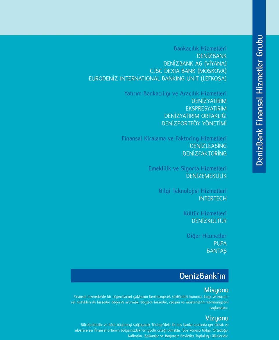 Hizmetleri DENİZEMEKLİLİK DenizBank Finansal Hizmetler Grubu Bilgi Teknolojisi Hizmetleri INTERTECH Kültür Hizmetleri DENİZKÜLTÜR Diğer Hizmetler PUPA BANTAŞ DenizBank ın Misyonu Finansal hizmetlerde