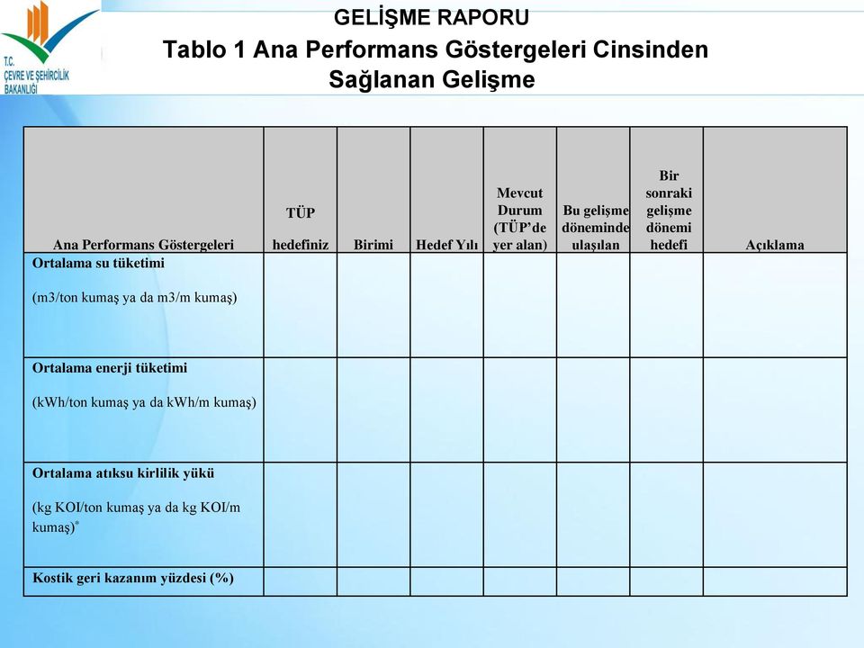 sonraki gelişme dönemi hedefi Açıklama (m3/ton kumaş ya da m3/m kumaş) Ortalama enerji tüketimi (kwh/ton kumaş ya