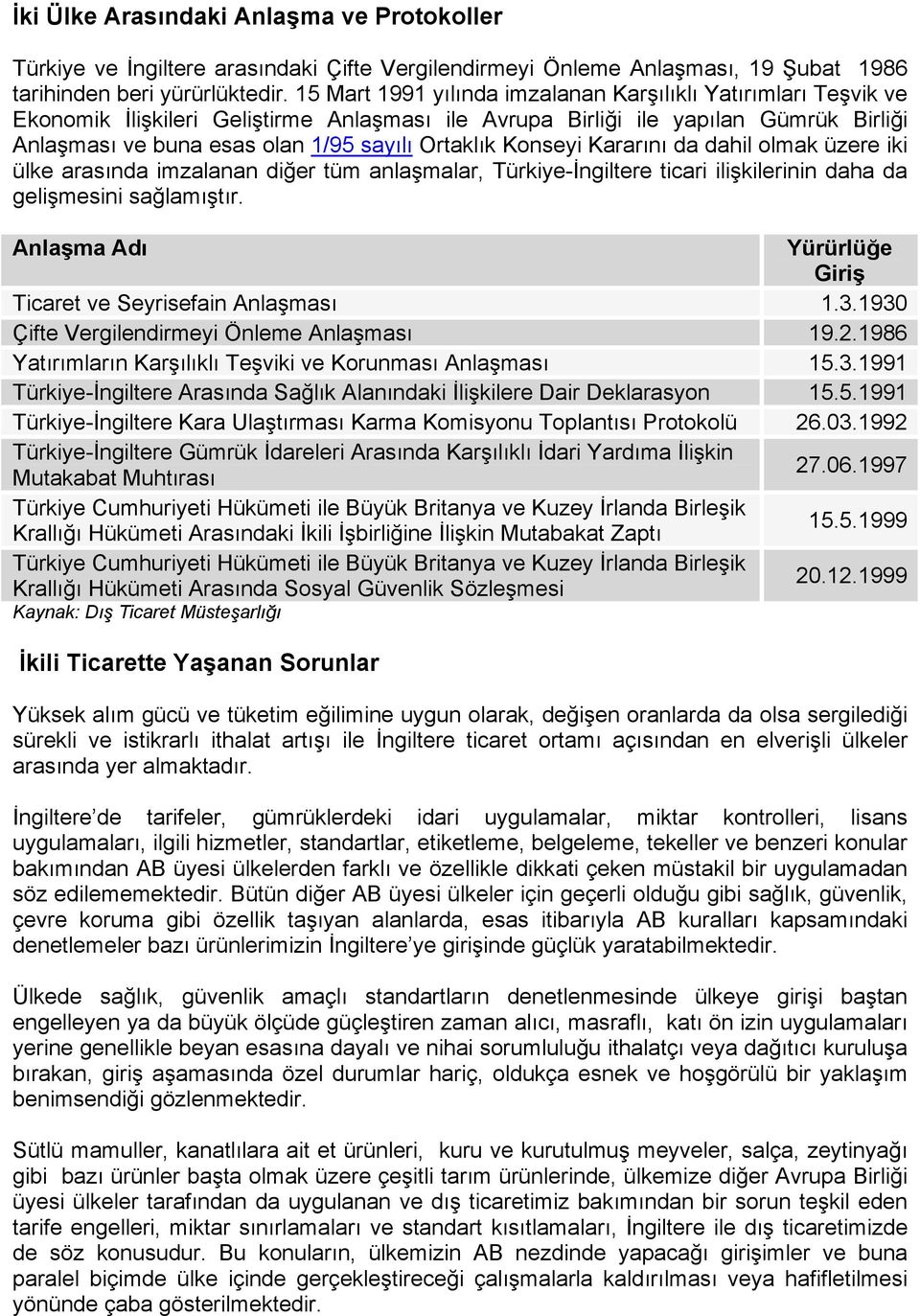 Konseyi Kararını da dahil olmak üzere iki ülke arasında imzalanan diğer tüm anlaşmalar, Türkiye-İngiltere ticari ilişkilerinin daha da gelişmesini sağlamıştır.