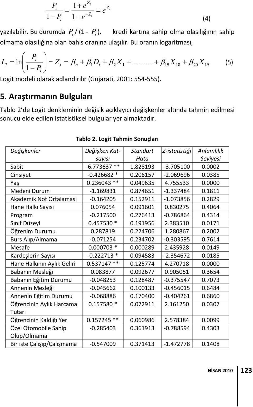 4 555). 5. Araştırmanın Bulguları Tablo 2 de Logt denklemnn değşk açıklayıcı değşkenler altında tahmn edlmes sonucu elde edlen statstksel bulgular yer almaktadır. (4) Tablo 2.