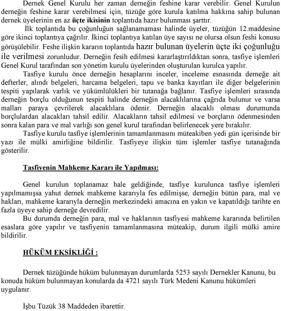 İlk toplantıda bu çoğunluğun sağlanamaması halinde üyeler, tüzüğün 12.maddesine göre ikinci toplantıya çağrılır. İkinci toplantıya katılan üye sayısı ne olursa olsun feshi konusu görüşülebilir.