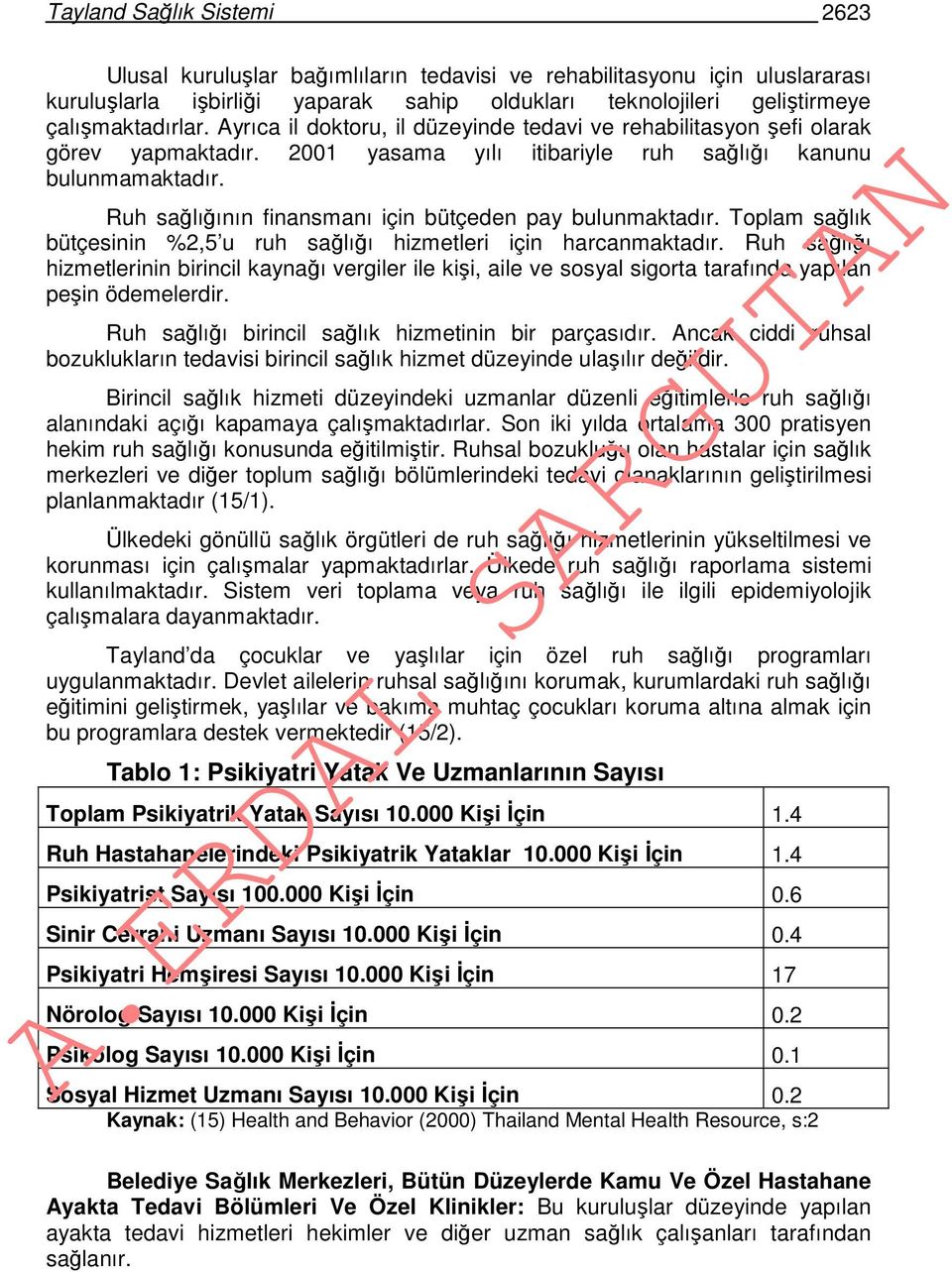 Ruh sağlığının finansmanı için bütçeden pay bulunmaktadır. Toplam sağlık bütçesinin %2,5 u ruh sağlığı hizmetleri için harcanmaktadır.