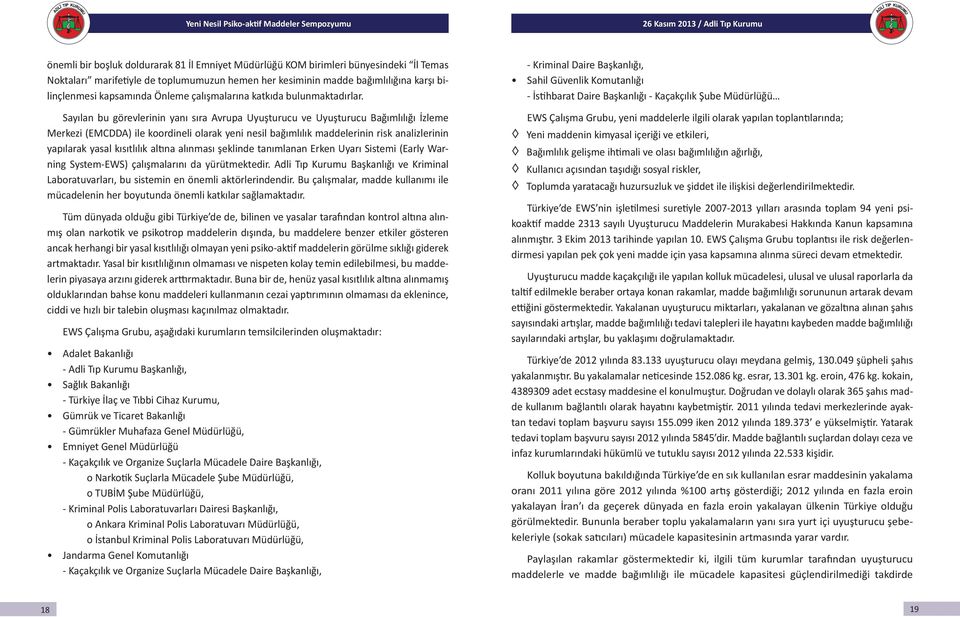 Sayılan bu görevlerinin yanı sıra Avrupa Uyuşturucu ve Uyuşturucu Bağımlılığı İzleme Merkezi (EMCDDA) ile koordineli olarak yeni nesil bağımlılık maddelerinin risk analizlerinin yapılarak yasal