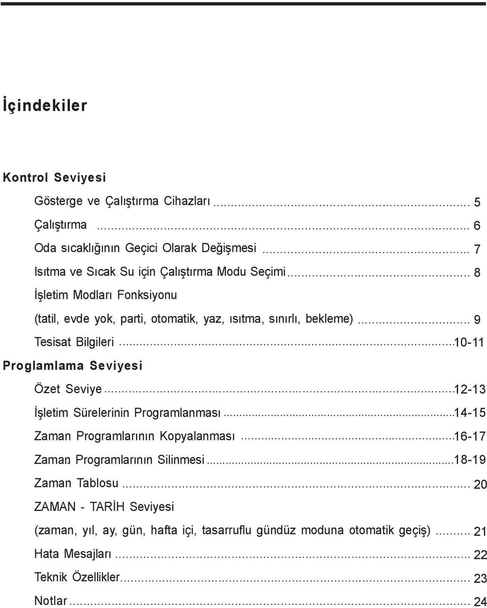 .. 9 Tesisat Bilgileri... 10-11 Proglamlama Seviyesi Özet Seviye... 12-13 Ýþletim Sürelerinin Programlanmasý... 14-15 Zaman Programlarýnýn. Kopyalanmasý.