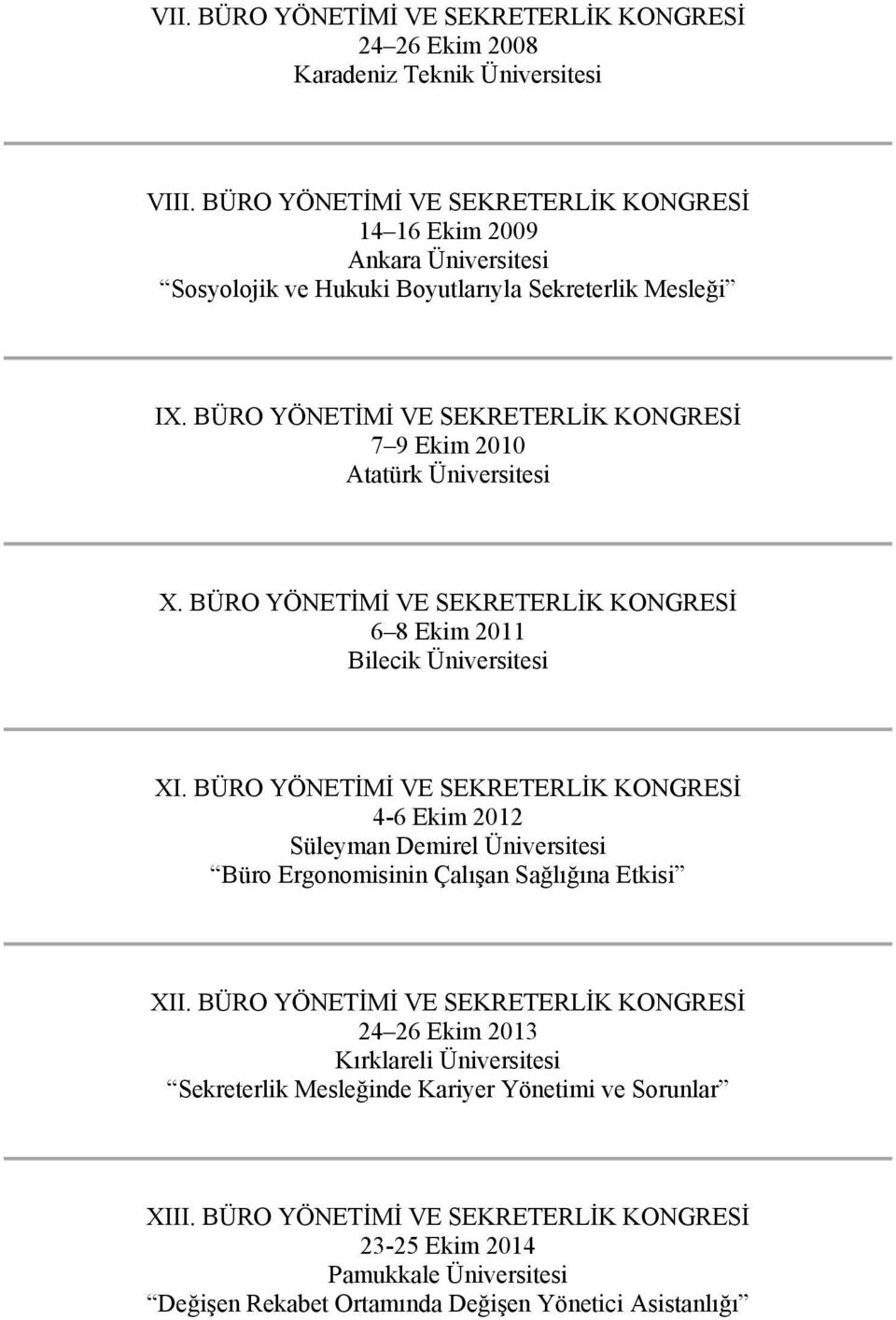 BÜRO YÖNETİMİ VE SEKRETERLİK KONGRESİ 7 9 Ekim 2010 Atatürk Üniversitesi X. BÜRO YÖNETİMİ VE SEKRETERLİK KONGRESİ 6 8 Ekim 2011 Bilecik Üniversitesi XI.