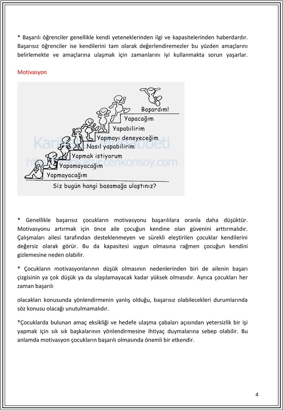 Motivasyon * Genellikle başarısız çocukların motivasyonu başarılılara oranla daha düşüktür. Motivasyonu artırmak için önce aile çocuğun kendine olan güvenini arttırmalıdır.