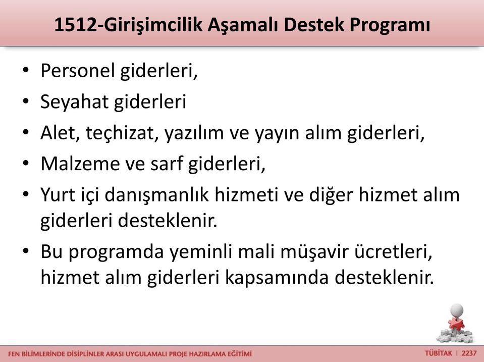 Yurt içi danışmanlık hizmeti ve diğer hizmet alım giderleri desteklenir.