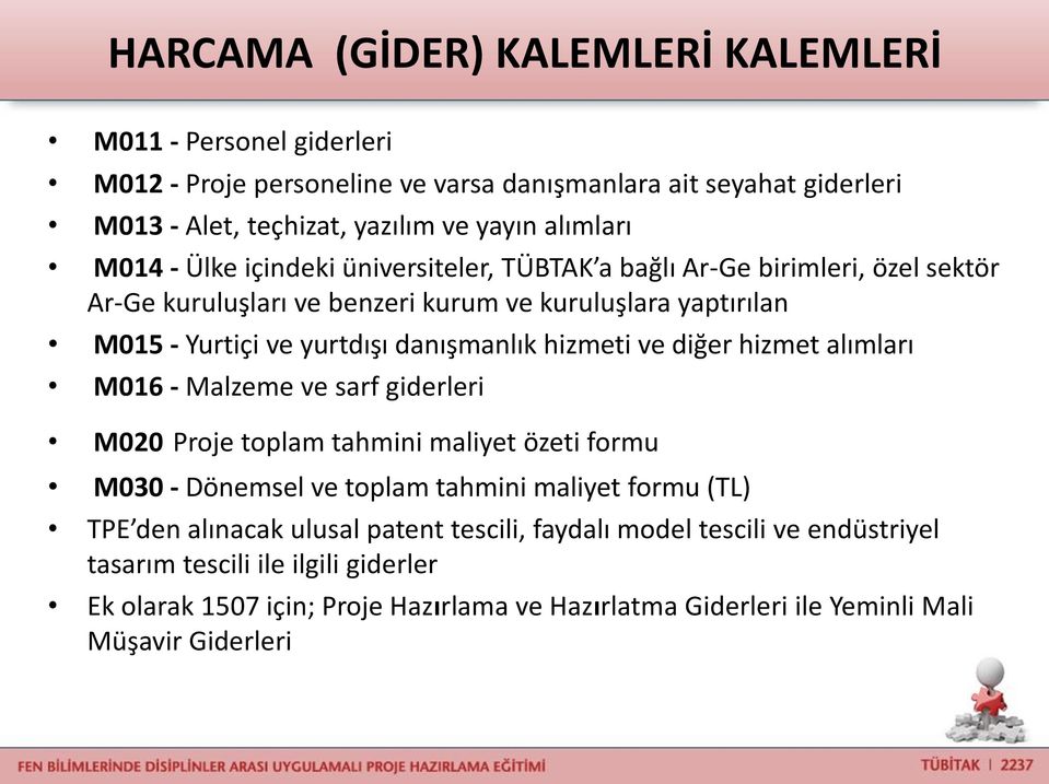 hizmeti ve diğer hizmet alımları M016 - Malzeme ve sarf giderleri M020 Proje toplam tahmini maliyet özeti formu M030 - Dönemsel ve toplam tahmini maliyet formu (TL) TPE den alınacak