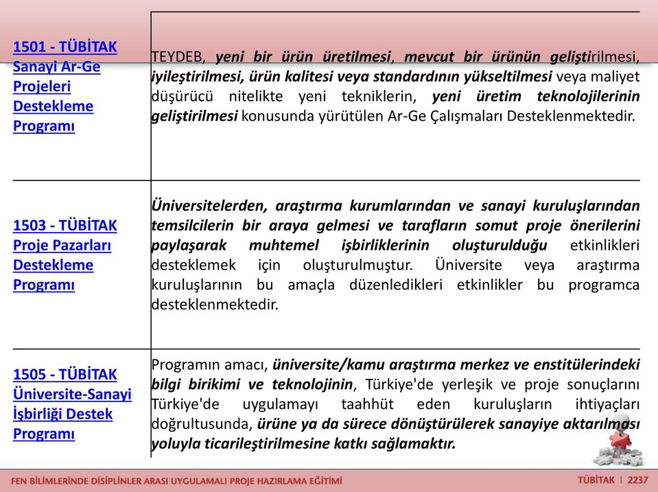 1503 - TÜBİTAK Proje Pazarları Destekleme Programı Üniversitelerden, araştırma kurumlarından ve sanayi kuruluşlarından temsilcilerin bir araya gelmesi ve tarafların somut proje önerilerini paylaşarak