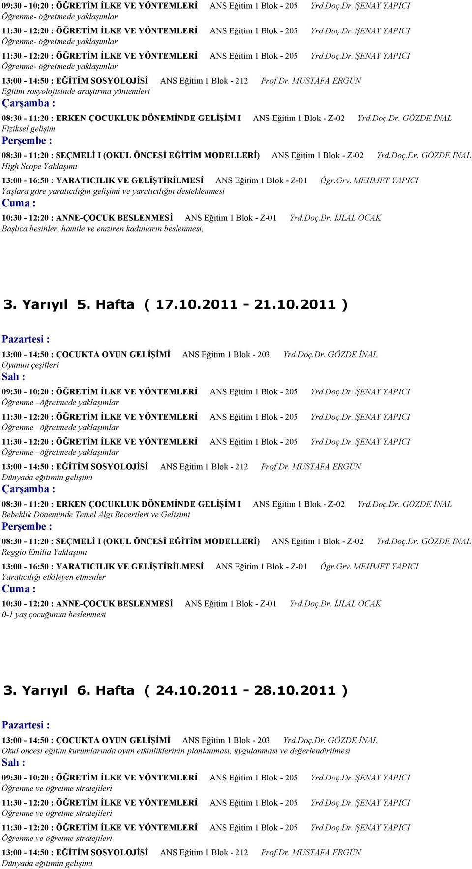 MUSTAFA ERGÜN Eğitim sosyolojisinde araştırma yöntemleri 08:30-11:20 : ERKEN ÇOCUKLUK DÖNEMİNDE GELİŞİM I ANS Eğitim 1 Blok - Z-02 Yrd.Doç.Dr.