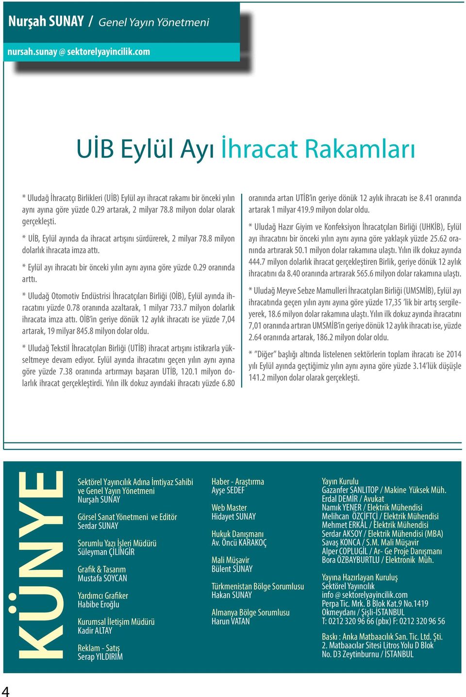 * UİB, Eylül ayında da ihracat artışını sürdürerek, 2 milyar 78.8 milyon dolarlık ihracata imza attı. * Eylül ayı ihracatı bir önceki yılın aynı ayına göre yüzde 0.29 oranında arttı.