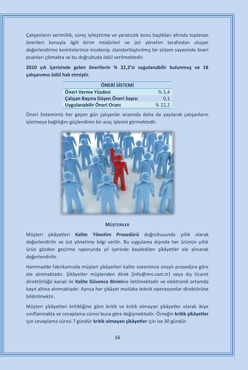 2010 yılı içerisinde gelen önerilerin % 22,2 si uygulanabilir bulunmuş ve 18 çalışanımız ödül hak etmiştir.