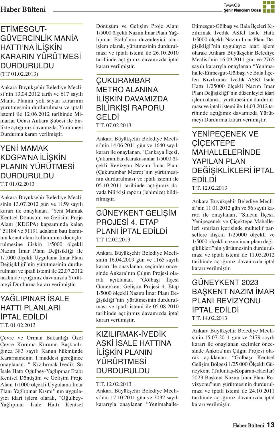 2012 tarihinde Mimarlar Odası Ankara Şubesi ile birlikte açtığımız davamızda, Yürütmeyi Durdurma kararı verilmiştir. YENİ MAMAK KDGPA NA İLİŞKİN PLANIN YÜRÜTMESİ DURDURULDU T.T 01.02.