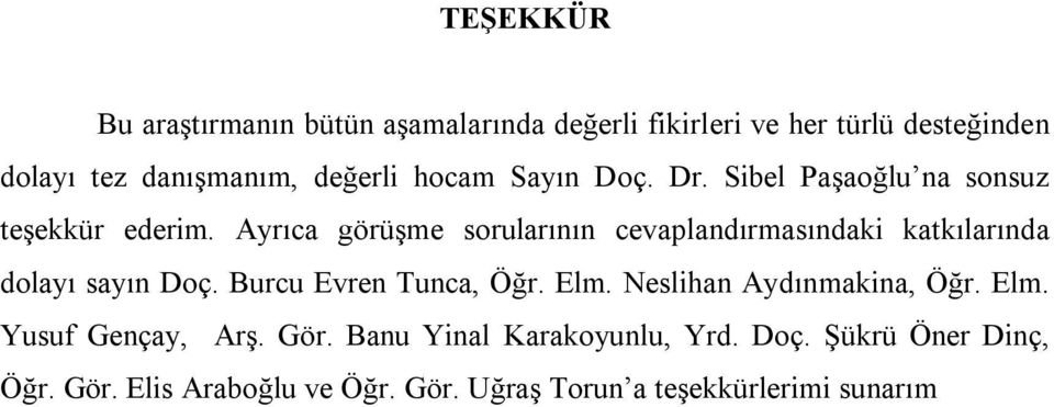 Ayrıca görüşme sorularının cevaplandırmasındaki katkılarında dolayı sayın Doç. Burcu Evren Tunca, Öğr. Elm.