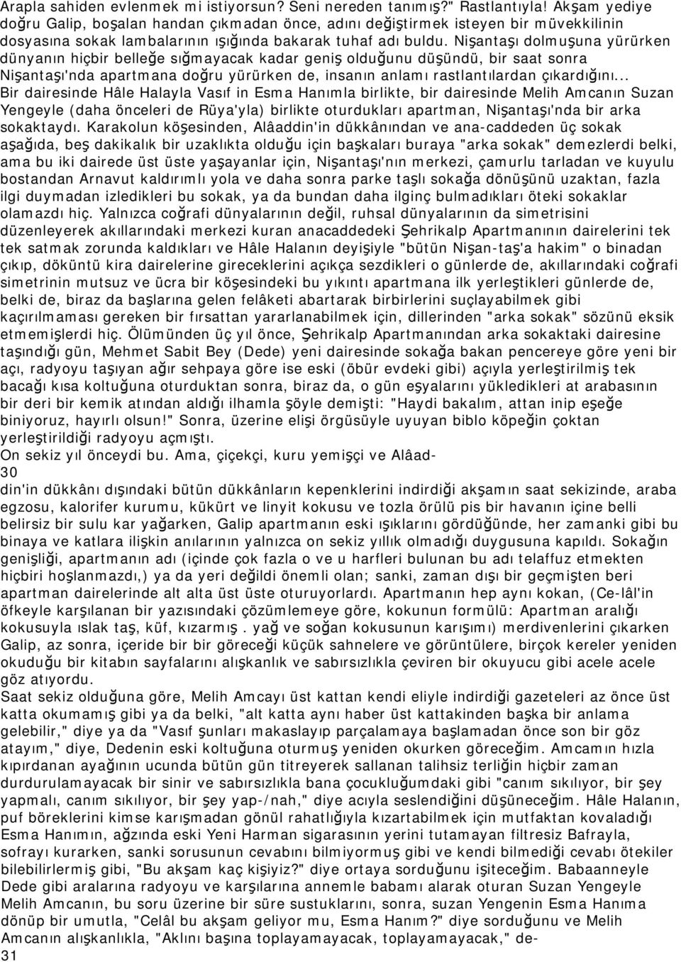 Nişantaşı dolmuşuna yürürken dünyanın hiçbir belleğe sığmayacak kadar geniş olduğunu düşündü, bir saat sonra Nişantaşı'nda apartmana doğru yürürken de, insanın anlamı rastlantılardan çıkardığını.