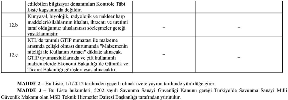 KTL'de tanımlı GTİP numarası ile malzeme arasında çelişki olması durumunda "Malzemenin niteliği ile Kullanım Amacı" dikkate alınacak, GTİP uyumsuzluklarında ve çift kullanımlı malzemelerde Ekonomi